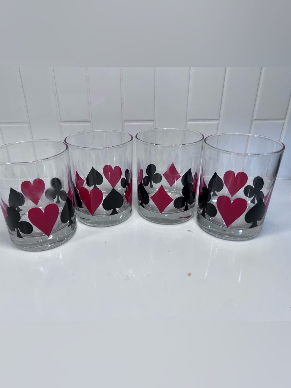 Vintage Lowball Glass Set Poker Card Suit Red Black Heart Spade Club Diamond